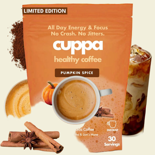 Cuppa Medium Roast Mushroom Coffee with Adaptogens & Superfoods - Lion’s Mane, Ashwagandha & Cordyceps. Adaptogens + MCT to support natural energy, mental focus & gut health (30 Servings)