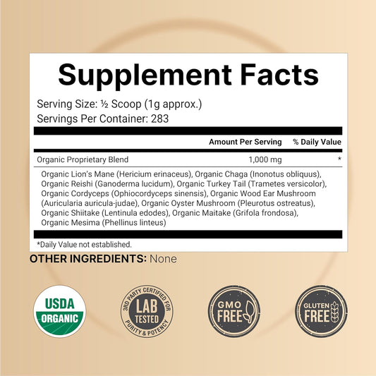 NatureBell Organic Mushroom Powder, 10oz | 10-in-1 Adaptogenic Blend with Lion’s Mane, Reishi, Shiitake, Chaga & More | Great for Coffee, Smoothies & Recipes
