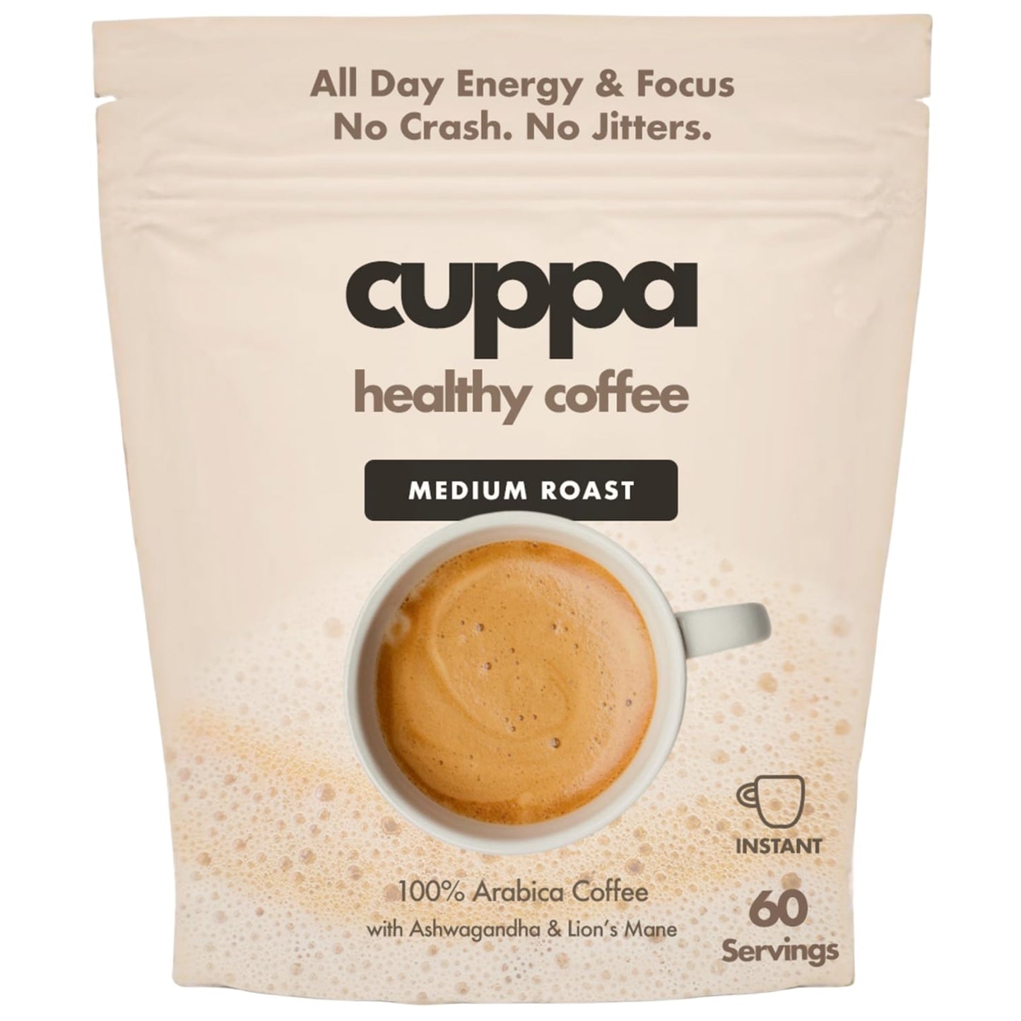 Cuppa Medium Roast Mushroom Coffee with Adaptogens & Superfoods - Lion’s Mane, Ashwagandha & Cordyceps. Adaptogens + MCT to support natural energy, mental focus & gut health (30 Servings)