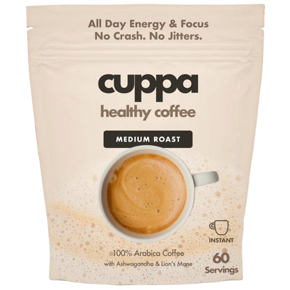 Cuppa Medium Roast Mushroom Coffee with Adaptogens & Superfoods - Lion’s Mane, Ashwagandha & Cordyceps. Adaptogens + MCT to support natural energy, mental focus & gut health (30 Servings)
