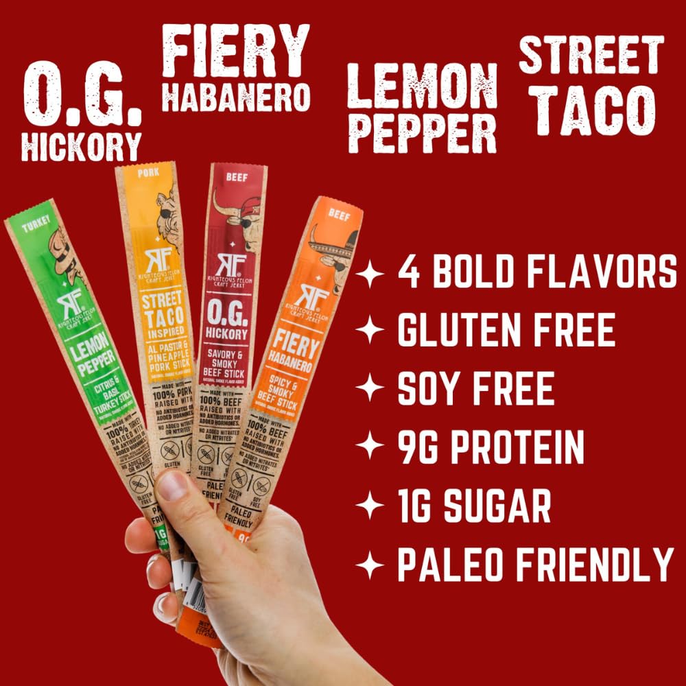 Righteous Felon Savory Beef Jerky Variety Gift Pack - Great Gifts for Men | Gluten Free, High Protein Healthy Snack | Bulk Beef, Pork, & Turkey Jerky Variety Snack Packs | The Savory 6 Pack Sampler