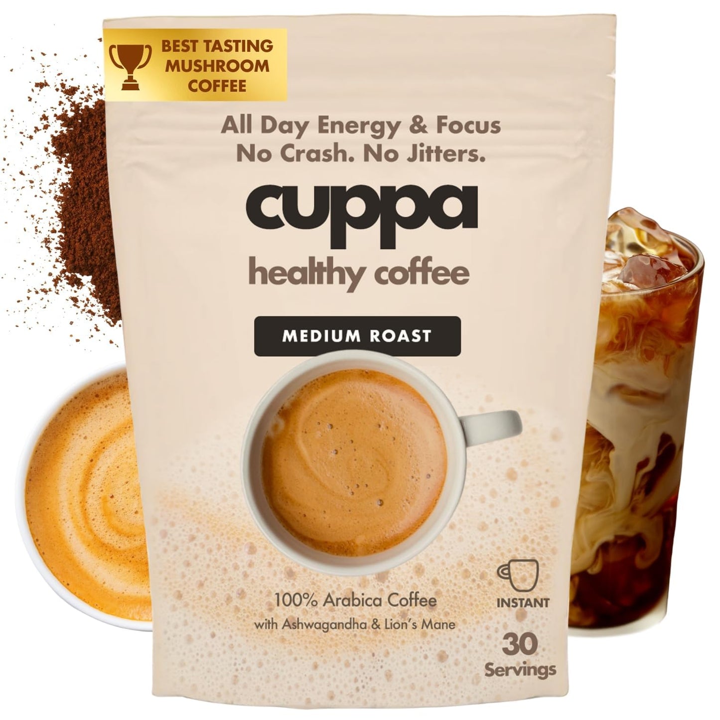 Cuppa Medium Roast Mushroom Coffee with Adaptogens & Superfoods - Lion’s Mane, Ashwagandha & Cordyceps. Adaptogens + MCT to support natural energy, mental focus & gut health (30 Servings)