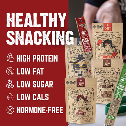 Righteous Felon Savory Beef Jerky Variety Gift Pack - Great Gifts for Men | Gluten Free, High Protein Healthy Snack | Bulk Beef, Pork, & Turkey Jerky Variety Snack Packs | The Savory 6 Pack Sampler