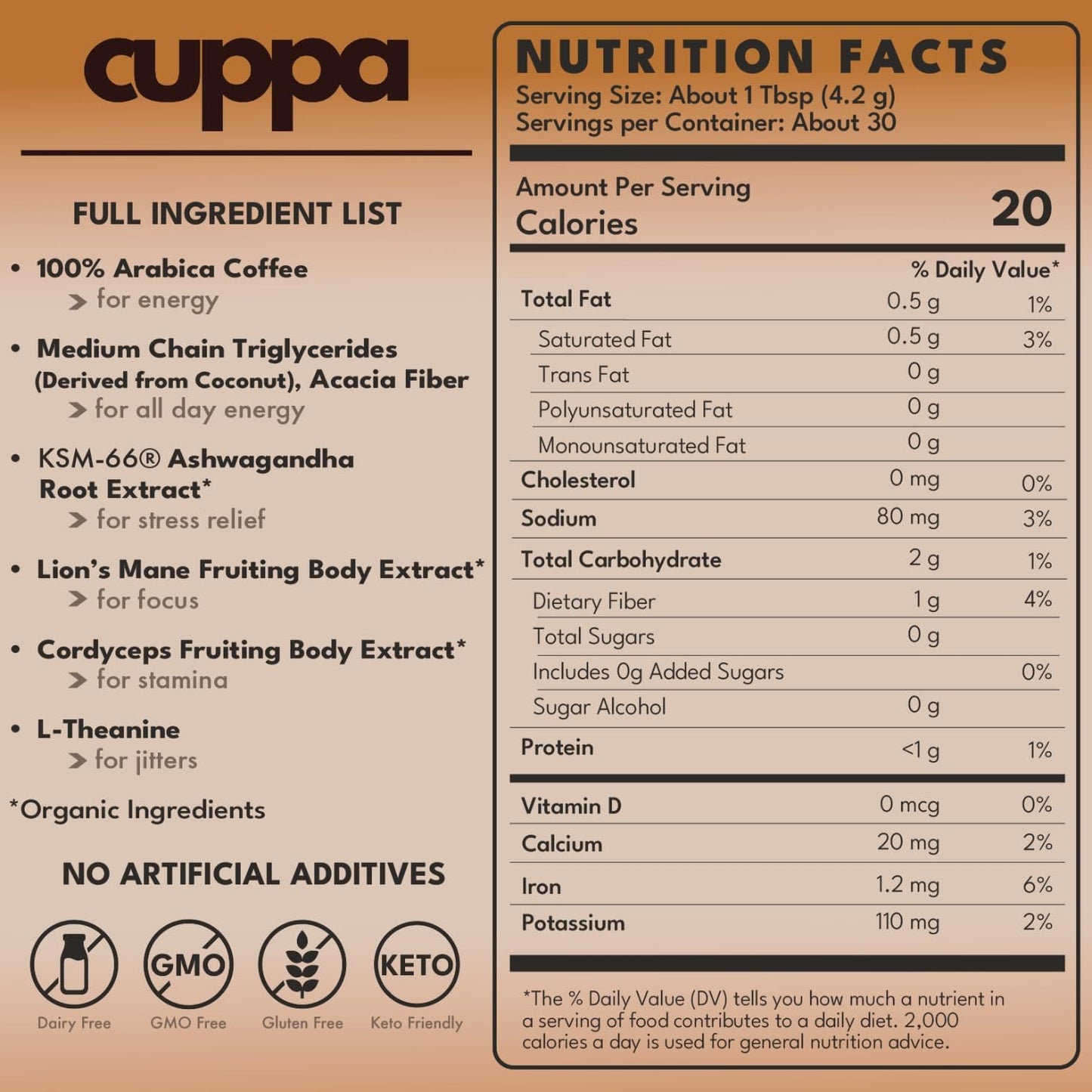 Cuppa Medium Roast Mushroom Coffee with Adaptogens & Superfoods - Lion’s Mane, Ashwagandha & Cordyceps. Adaptogens + MCT to support natural energy, mental focus & gut health (30 Servings)