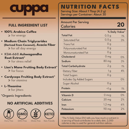 Cuppa Medium Roast Mushroom Coffee with Adaptogens & Superfoods - Lion’s Mane, Ashwagandha & Cordyceps. Adaptogens + MCT to support natural energy, mental focus & gut health (30 Servings)