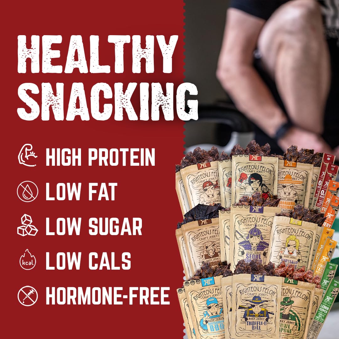 Righteous Felon Savory Beef Jerky Variety Gift Pack - Great Gifts for Men | Gluten Free, High Protein Healthy Snack | Bulk Beef, Pork, & Turkey Jerky Variety Snack Packs | The Savory 6 Pack Sampler