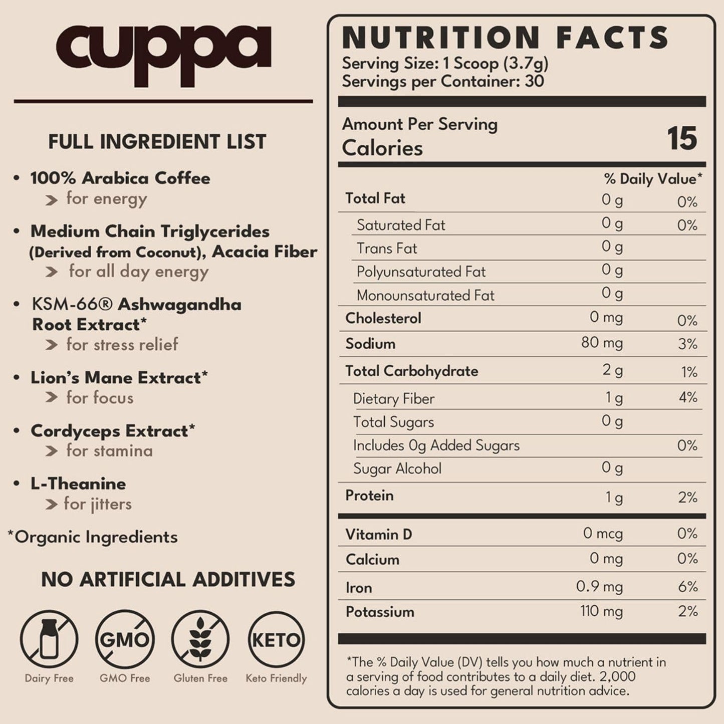 Cuppa Medium Roast Mushroom Coffee with Adaptogens & Superfoods - Lion’s Mane, Ashwagandha & Cordyceps. Adaptogens + MCT to support natural energy, mental focus & gut health (30 Servings)