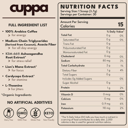 Cuppa Medium Roast Mushroom Coffee with Adaptogens & Superfoods - Lion’s Mane, Ashwagandha & Cordyceps. Adaptogens + MCT to support natural energy, mental focus & gut health (30 Servings)