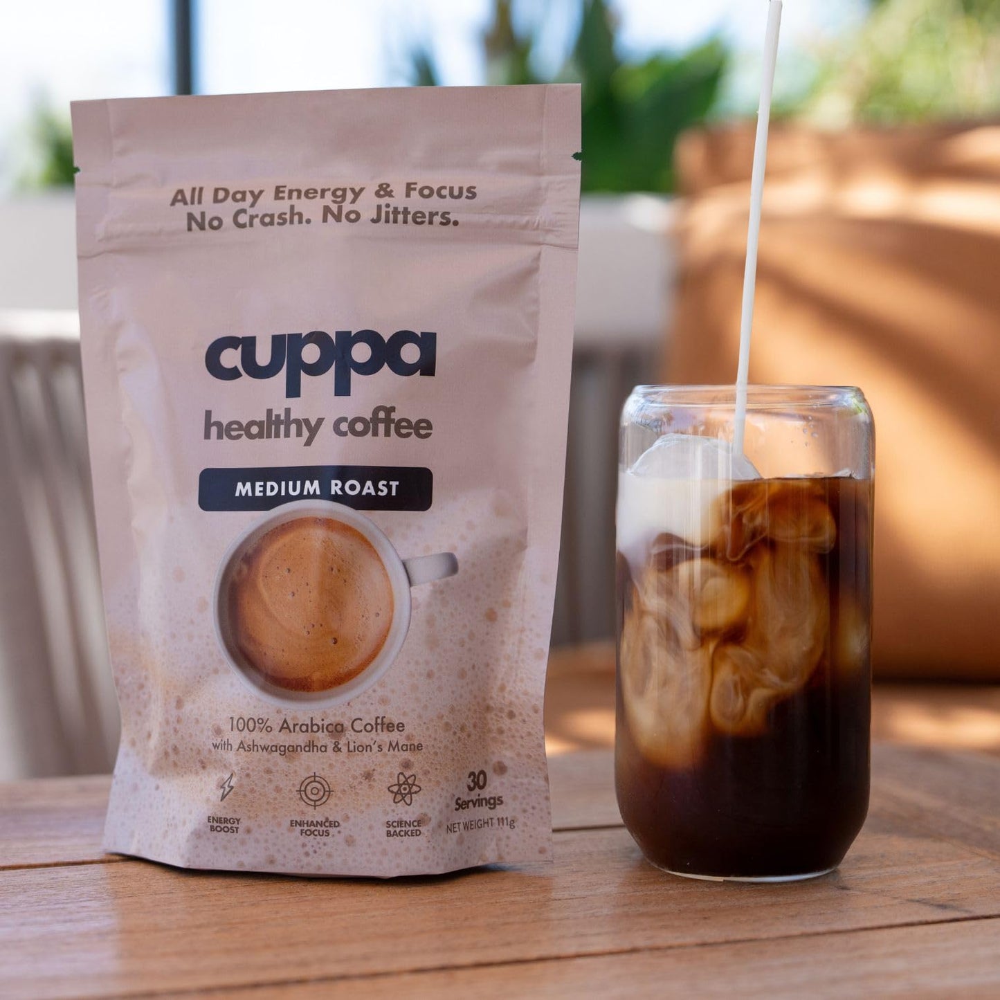 Cuppa Medium Roast Mushroom Coffee with Adaptogens & Superfoods - Lion’s Mane, Ashwagandha & Cordyceps. Adaptogens + MCT to support natural energy, mental focus & gut health (30 Servings)