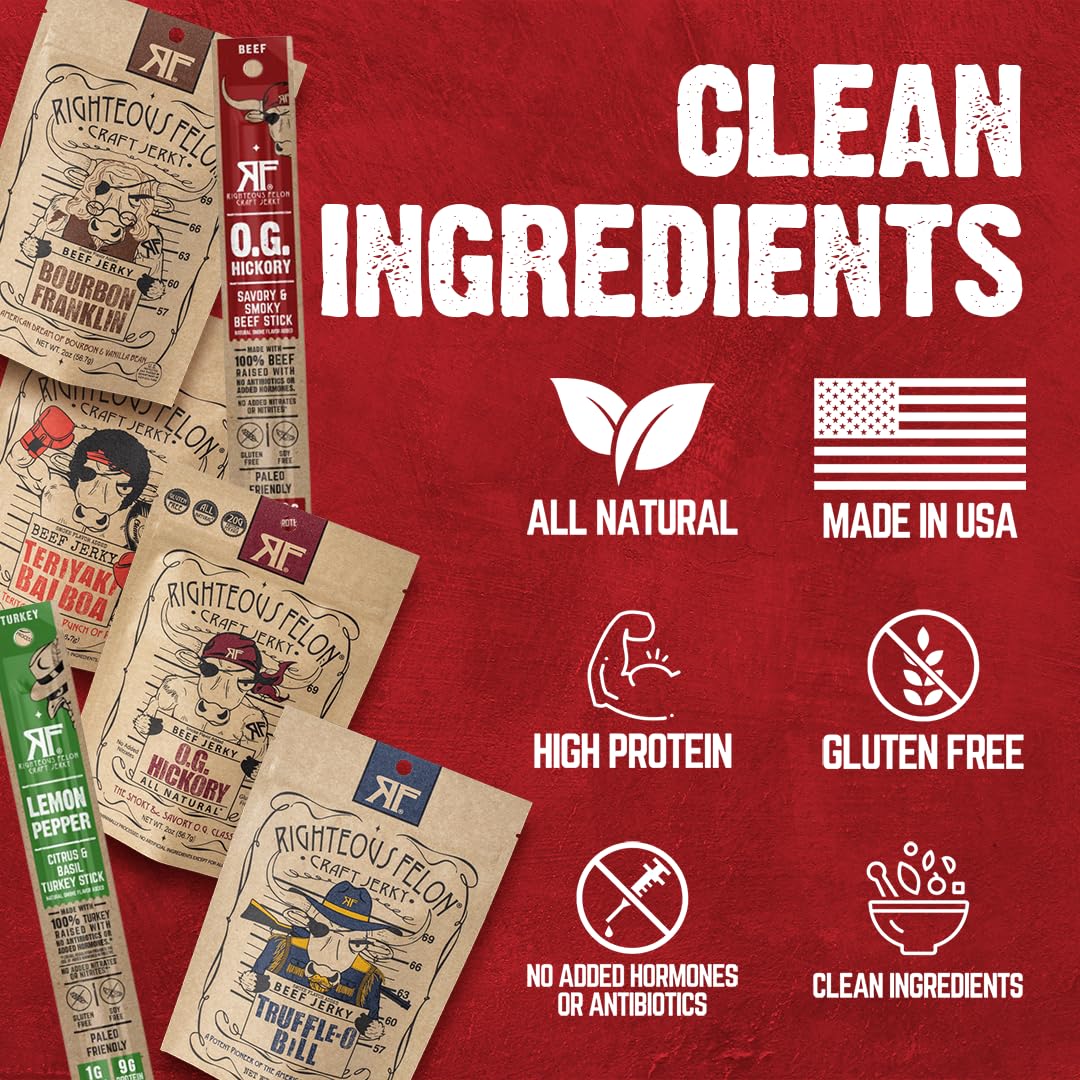 Righteous Felon Savory Beef Jerky Variety Gift Pack - Great Gifts for Men | Gluten Free, High Protein Healthy Snack | Bulk Beef, Pork, & Turkey Jerky Variety Snack Packs | The Savory 6 Pack Sampler