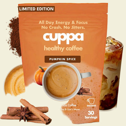 Cuppa Medium Roast Mushroom Coffee with Adaptogens & Superfoods - Lion’s Mane, Ashwagandha & Cordyceps. Adaptogens + MCT to support natural energy, mental focus & gut health (30 Servings)