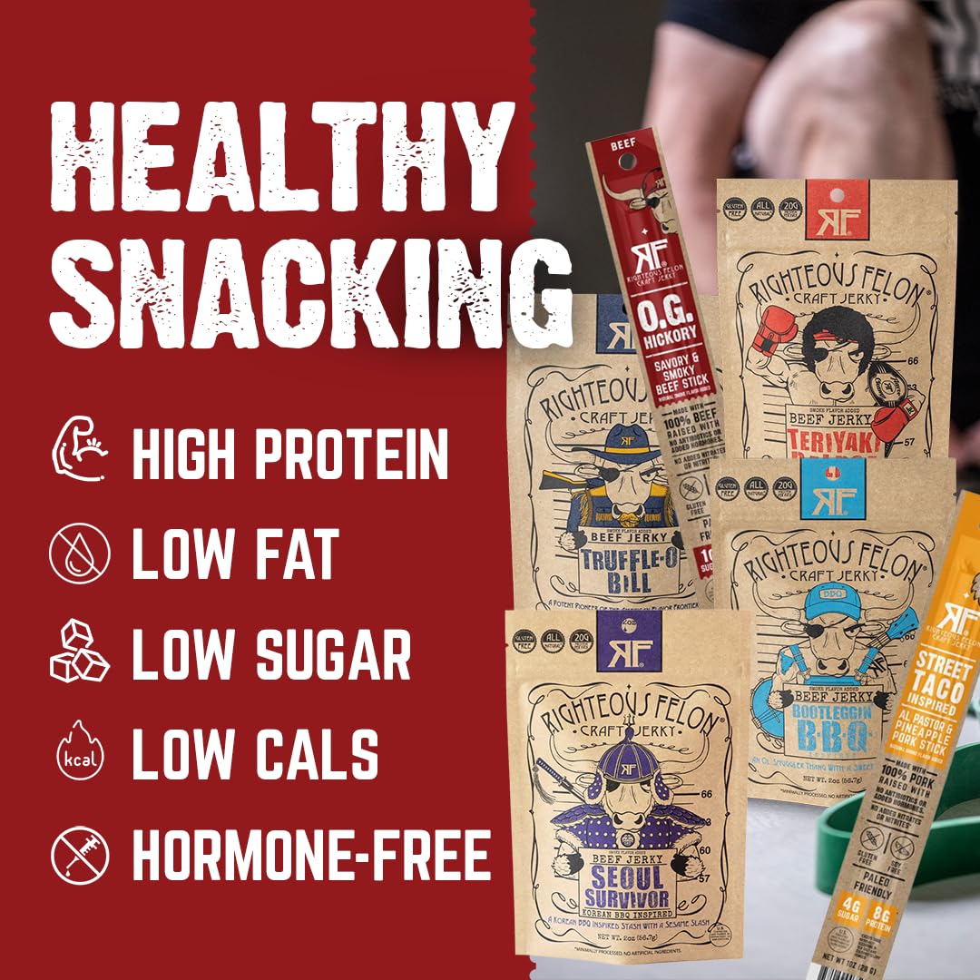 Righteous Felon Savory Beef Jerky Variety Gift Pack - Great Gifts for Men | Gluten Free, High Protein Healthy Snack | Bulk Beef, Pork, & Turkey Jerky Variety Snack Packs | The Savory 6 Pack Sampler