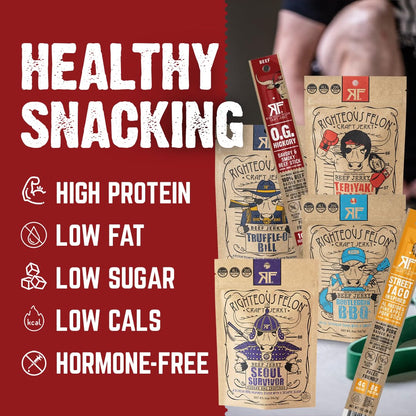 Righteous Felon Savory Beef Jerky Variety Gift Pack - Great Gifts for Men | Gluten Free, High Protein Healthy Snack | Bulk Beef, Pork, & Turkey Jerky Variety Snack Packs | The Savory 6 Pack Sampler