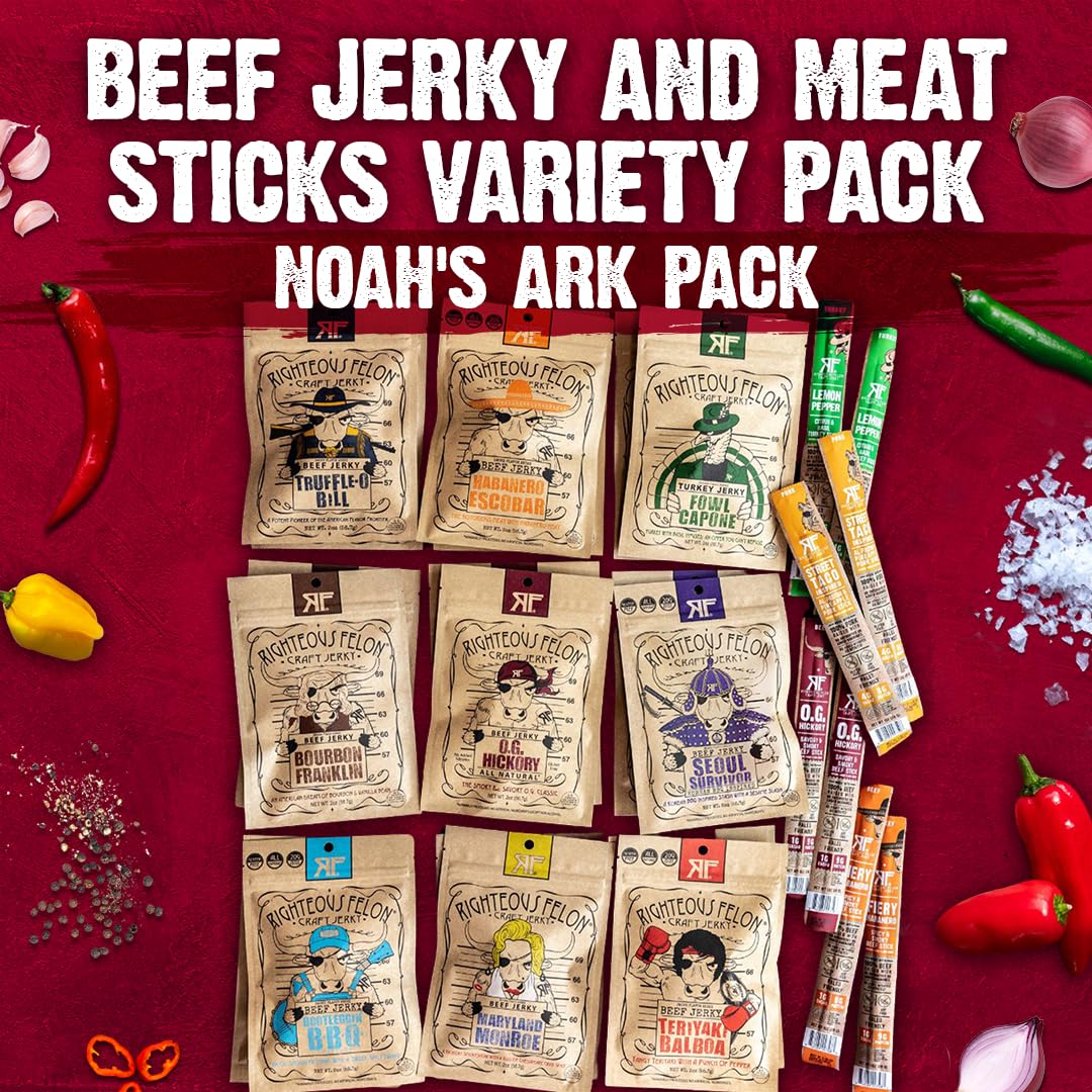 Righteous Felon Savory Beef Jerky Variety Gift Pack - Great Gifts for Men | Gluten Free, High Protein Healthy Snack | Bulk Beef, Pork, & Turkey Jerky Variety Snack Packs | The Savory 6 Pack Sampler
