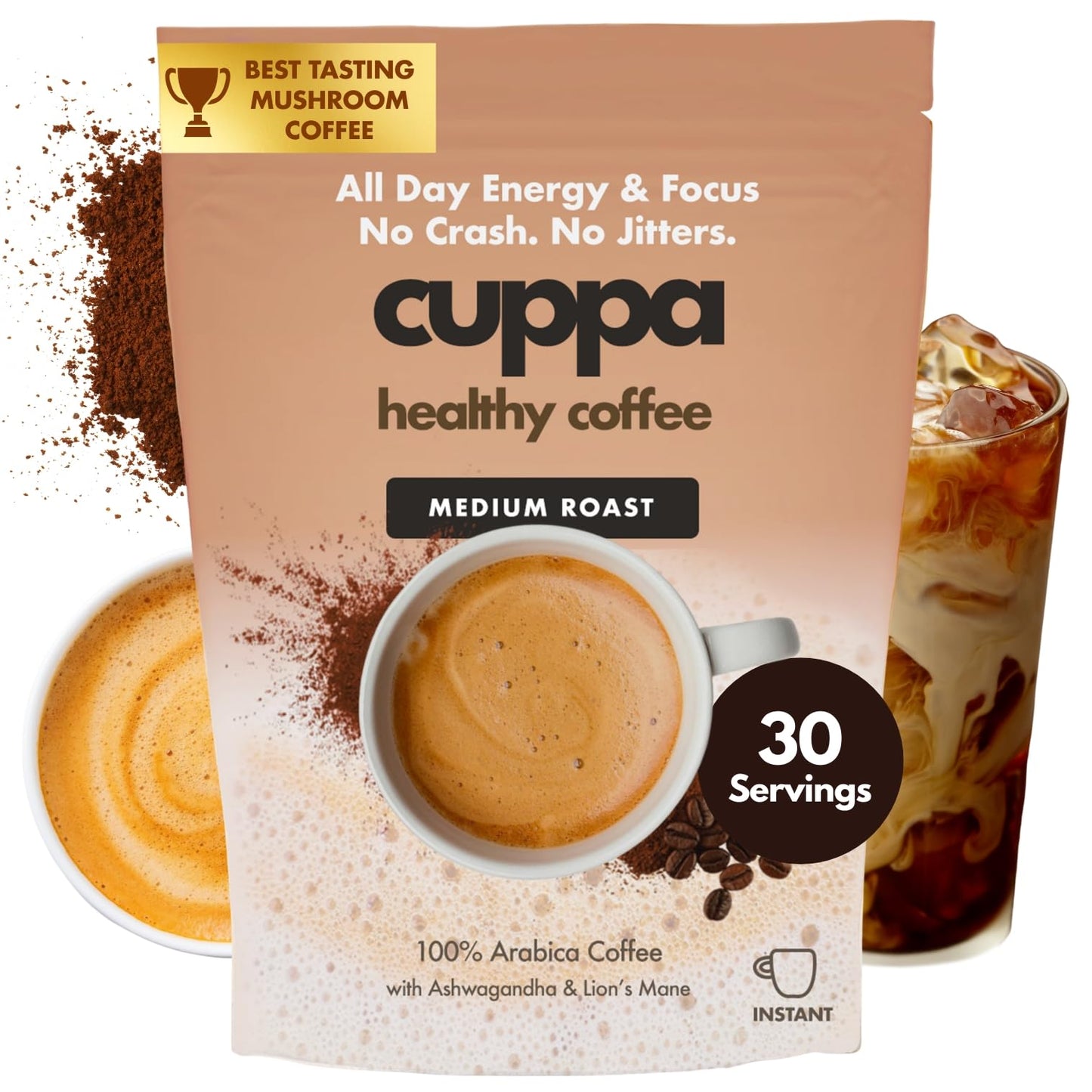 Cuppa Medium Roast Mushroom Coffee with Adaptogens & Superfoods - Lion’s Mane, Ashwagandha & Cordyceps. Adaptogens + MCT to support natural energy, mental focus & gut health (30 Servings)