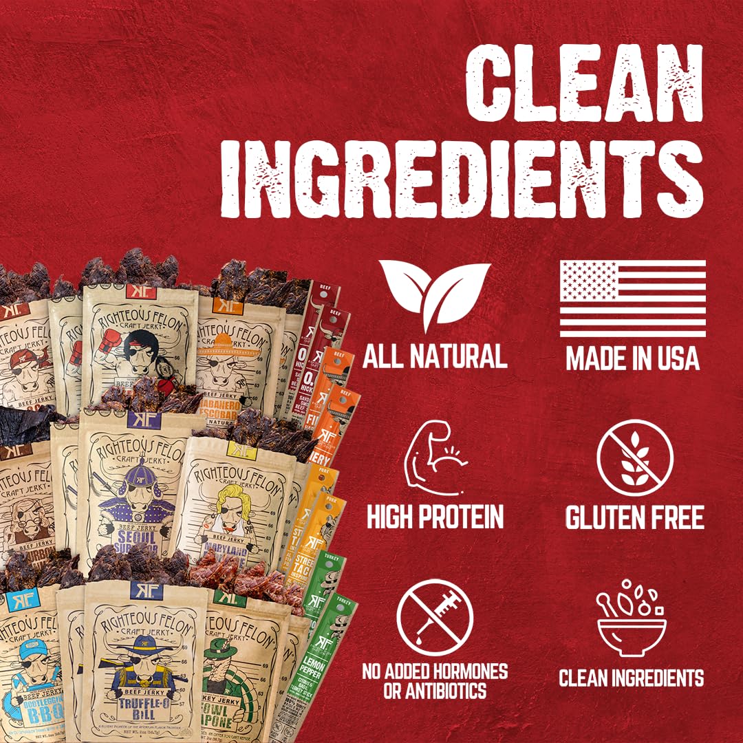 Righteous Felon Savory Beef Jerky Variety Gift Pack - Great Gifts for Men | Gluten Free, High Protein Healthy Snack | Bulk Beef, Pork, & Turkey Jerky Variety Snack Packs | The Savory 6 Pack Sampler