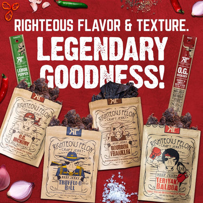 Righteous Felon Savory Beef Jerky Variety Gift Pack - Great Gifts for Men | Gluten Free, High Protein Healthy Snack | Bulk Beef, Pork, & Turkey Jerky Variety Snack Packs | The Savory 6 Pack Sampler