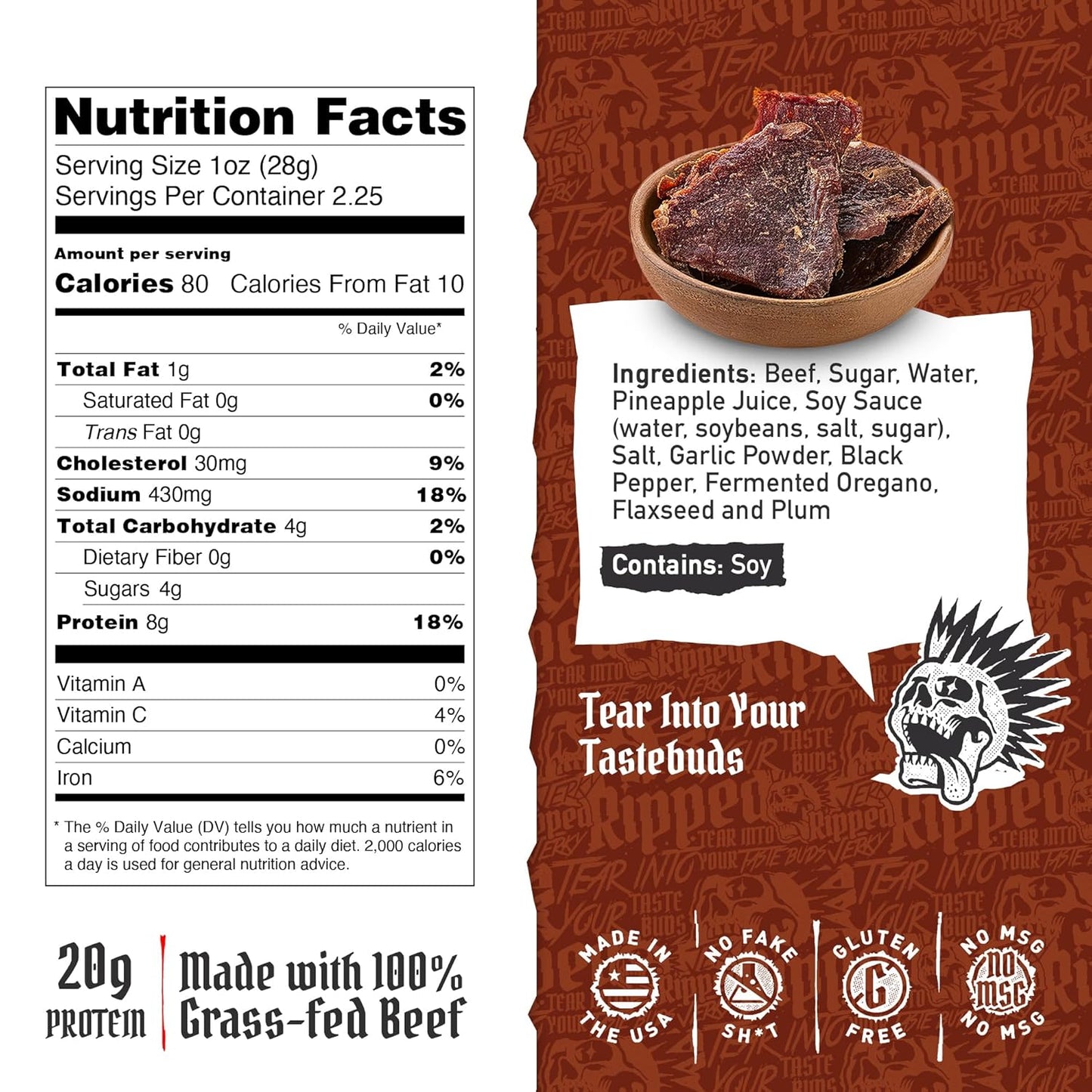 Ripped Beef Jerky - 100% Grass Fed Beef, 20g Protein, Real Ingredients, Gluten Free, No MSG, Made in USA (Pack of 3, Original)