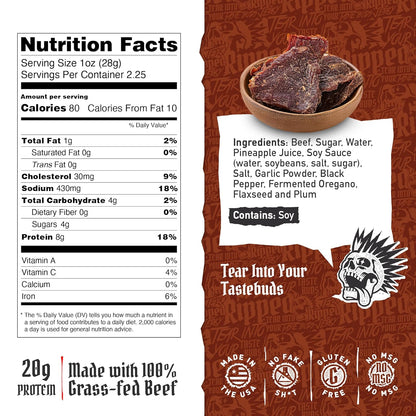 Ripped Beef Jerky - 100% Grass Fed Beef, 20g Protein, Real Ingredients, Gluten Free, No MSG, Made in USA (Pack of 3, Original)