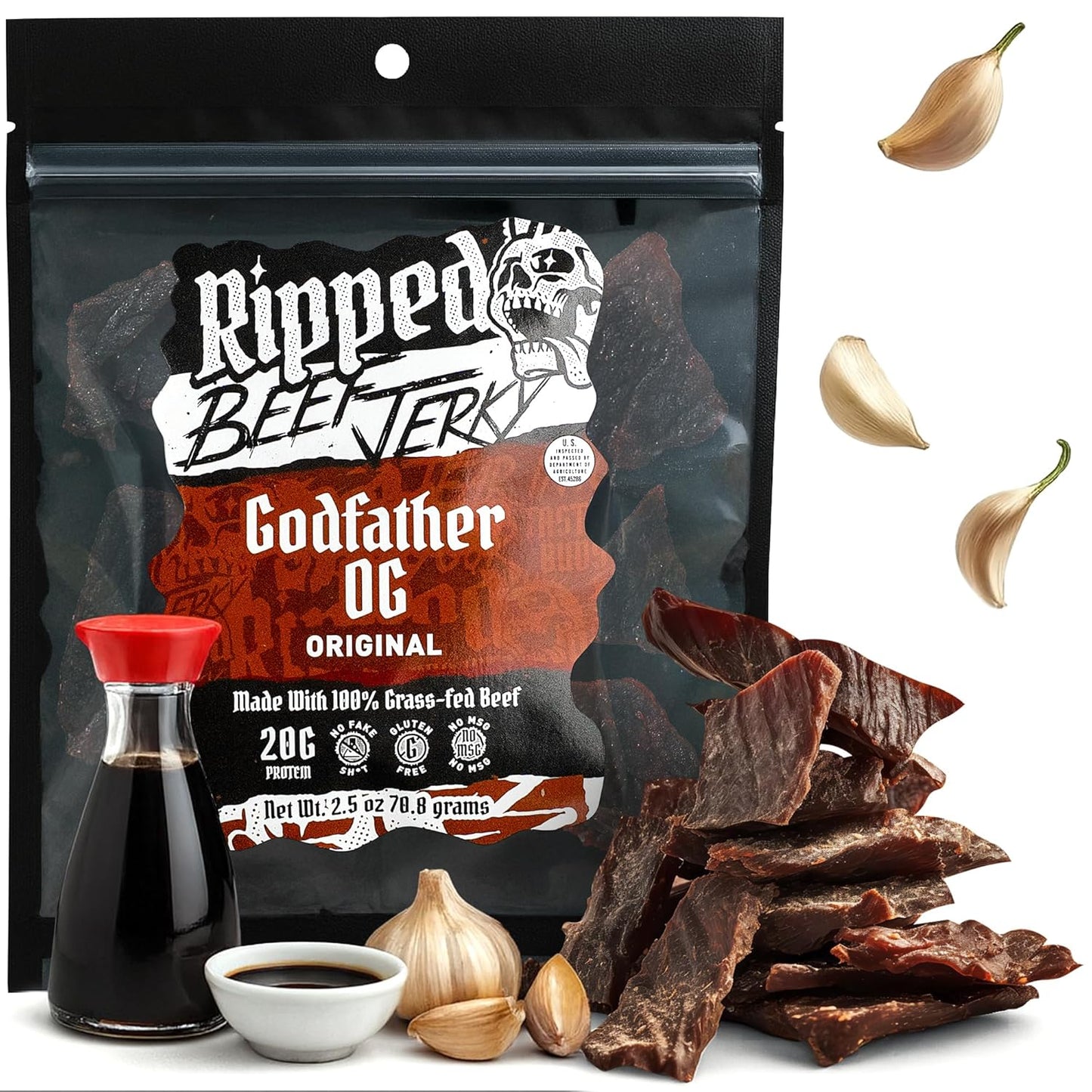 Ripped Beef Jerky - 100% Grass Fed Beef, 20g Protein, Real Ingredients, Gluten Free, No MSG, Made in USA (Pack of 3, Original)