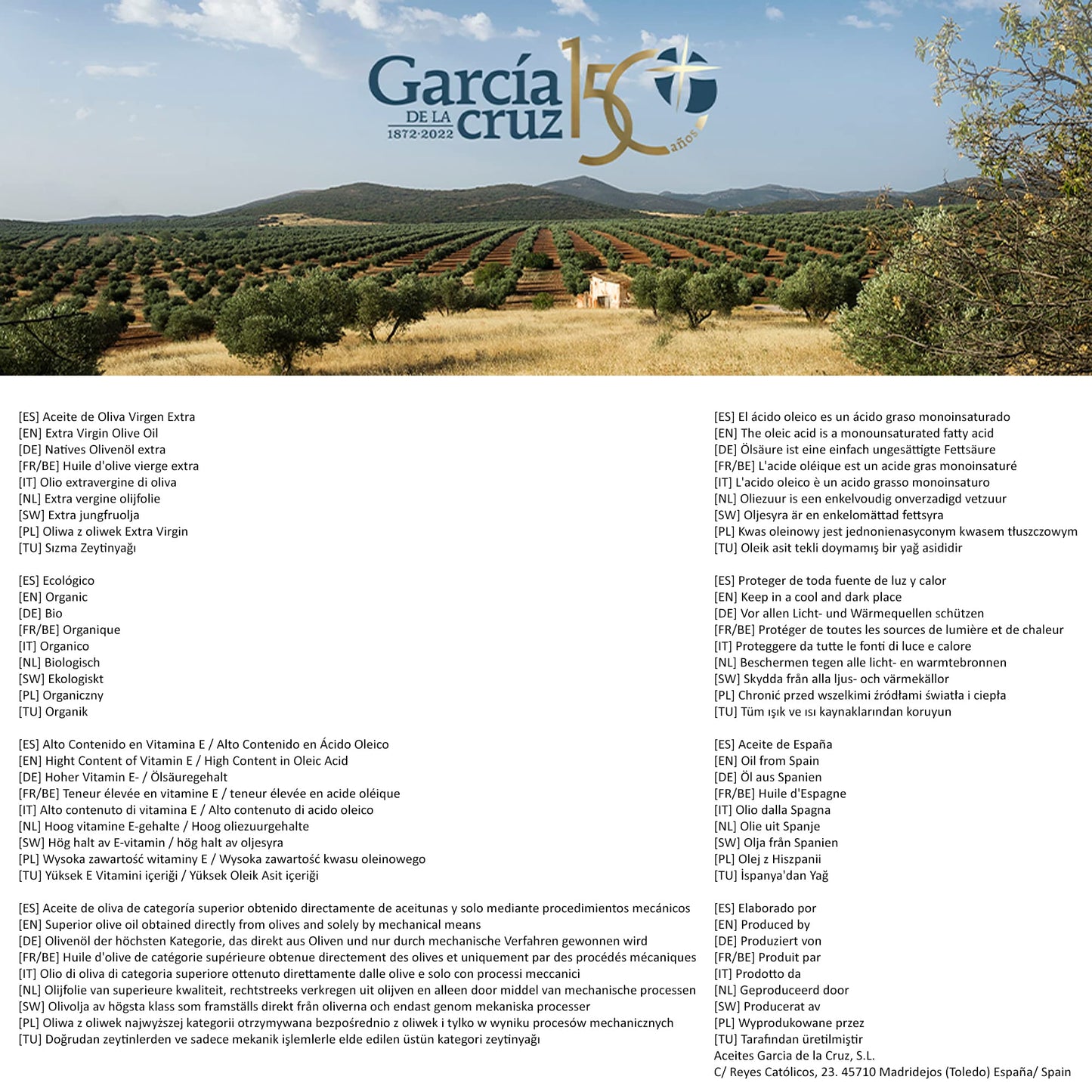 GARCÍA DE LA CRUZ - Organic Extra Virgin Olive Oil, Cooking Oil, Olive Variety, Smooth Body, Origin Spain, Montes de Toledo, Packed in Tins - 3L