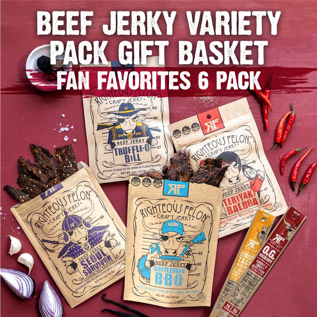 Righteous Felon Savory Beef Jerky Variety Gift Pack - Great Gifts for Men | Gluten Free, High Protein Healthy Snack | Bulk Beef, Pork, & Turkey Jerky Variety Snack Packs | The Savory 6 Pack Sampler