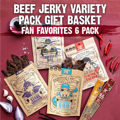 Righteous Felon Savory Beef Jerky Variety Gift Pack - Great Gifts for Men | Gluten Free, High Protein Healthy Snack | Bulk Beef, Pork, & Turkey Jerky Variety Snack Packs | The Savory 6 Pack Sampler