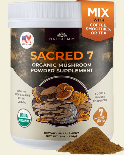Sacred 7 Mushroom Powder Supplement, 7-in-1 Blend (60 Day Supply) | Immune Defense, Focus & Energy Support | Coffee Enhancer | Lion’s Mane, Reishi, Chaga | Organic 100% Fruiting Body Extract