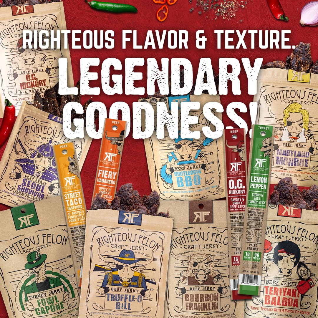 Righteous Felon Savory Beef Jerky Variety Gift Pack - Great Gifts for Men | Gluten Free, High Protein Healthy Snack | Bulk Beef, Pork, & Turkey Jerky Variety Snack Packs | The Savory 6 Pack Sampler