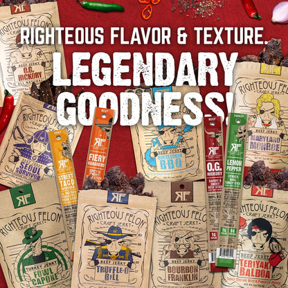Righteous Felon Savory Beef Jerky Variety Gift Pack - Great Gifts for Men | Gluten Free, High Protein Healthy Snack | Bulk Beef, Pork, & Turkey Jerky Variety Snack Packs | The Savory 6 Pack Sampler