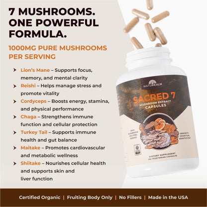 Sacred 7 Mushroom Powder Supplement, 7-in-1 Blend (60 Day Supply) | Immune Defense, Focus & Energy Support | Coffee Enhancer | Lion’s Mane, Reishi, Chaga | Organic 100% Fruiting Body Extract