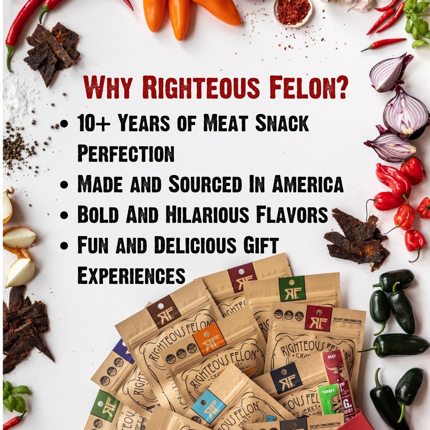 Righteous Felon Savory Beef Jerky Variety Gift Pack - Great Gifts for Men | Gluten Free, High Protein Healthy Snack | Bulk Beef, Pork, & Turkey Jerky Variety Snack Packs | The Savory 6 Pack Sampler
