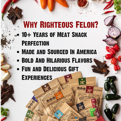 Righteous Felon Savory Beef Jerky Variety Gift Pack - Great Gifts for Men | Gluten Free, High Protein Healthy Snack | Bulk Beef, Pork, & Turkey Jerky Variety Snack Packs | The Savory 6 Pack Sampler