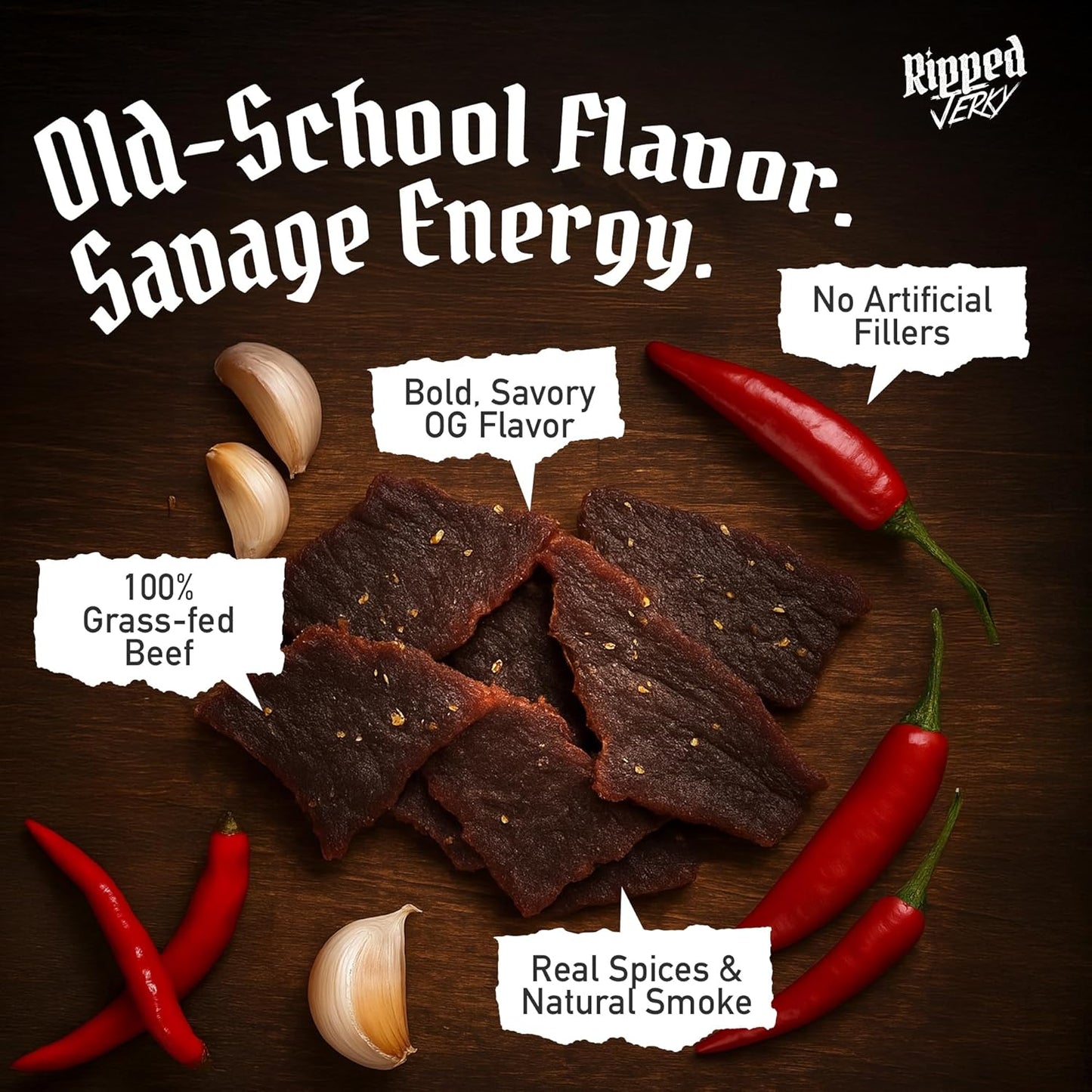 Ripped Beef Jerky - 100% Grass Fed Beef, 20g Protein, Real Ingredients, Gluten Free, No MSG, Made in USA (Pack of 3, Original)