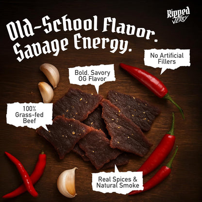 Ripped Beef Jerky - 100% Grass Fed Beef, 20g Protein, Real Ingredients, Gluten Free, No MSG, Made in USA (Pack of 3, Original)