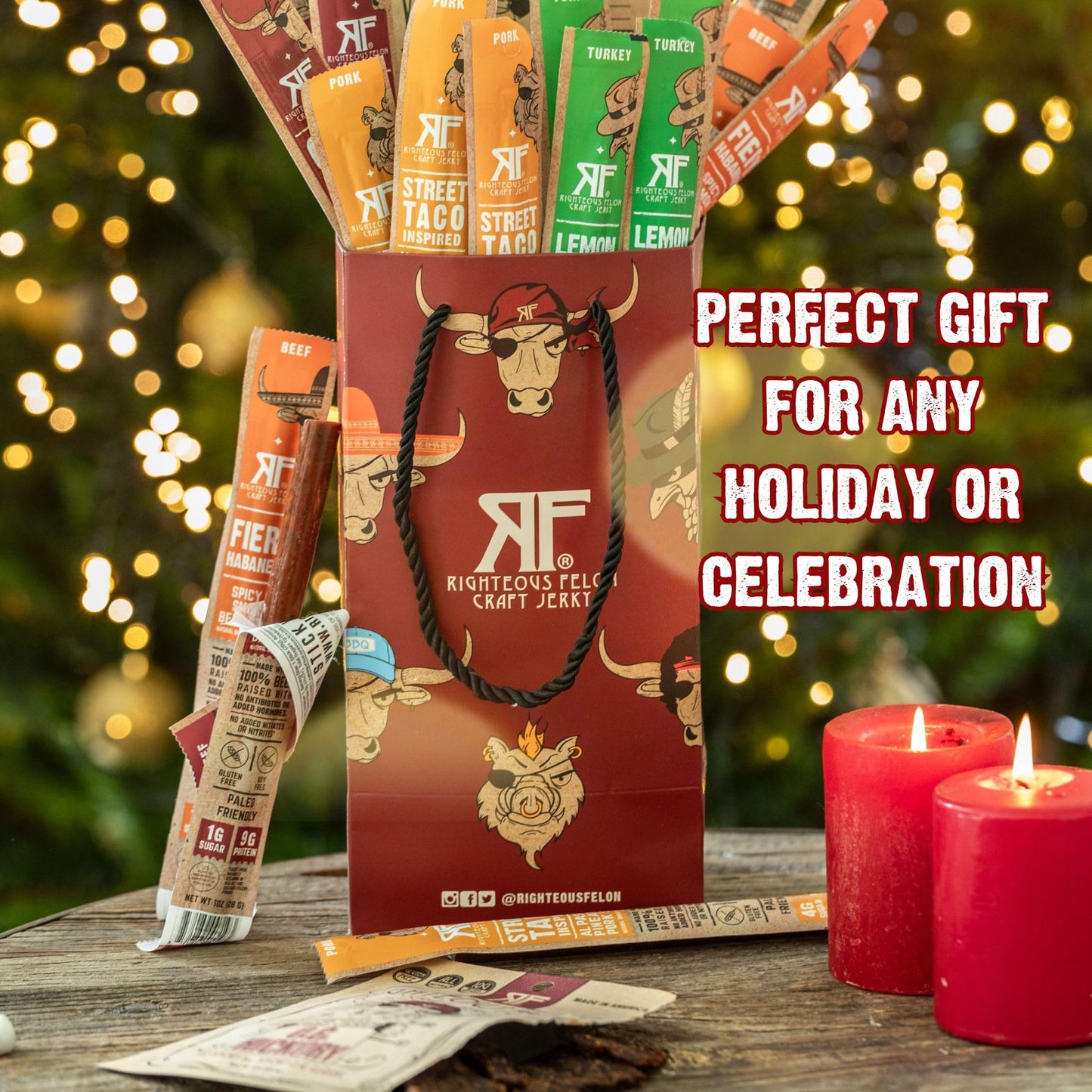 Righteous Felon Savory Beef Jerky Variety Gift Pack - Great Gifts for Men | Gluten Free, High Protein Healthy Snack | Bulk Beef, Pork, & Turkey Jerky Variety Snack Packs | The Savory 6 Pack Sampler