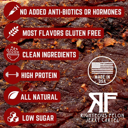 Righteous Felon Savory Beef Jerky Variety Gift Pack - Great Gifts for Men | Gluten Free, High Protein Healthy Snack | Bulk Beef, Pork, & Turkey Jerky Variety Snack Packs | The Savory 6 Pack Sampler