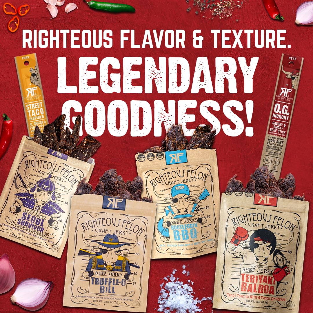 Righteous Felon Savory Beef Jerky Variety Gift Pack - Great Gifts for Men | Gluten Free, High Protein Healthy Snack | Bulk Beef, Pork, & Turkey Jerky Variety Snack Packs | The Savory 6 Pack Sampler