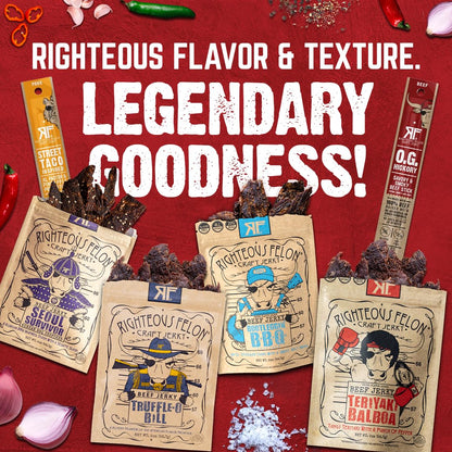 Righteous Felon Savory Beef Jerky Variety Gift Pack - Great Gifts for Men | Gluten Free, High Protein Healthy Snack | Bulk Beef, Pork, & Turkey Jerky Variety Snack Packs | The Savory 6 Pack Sampler