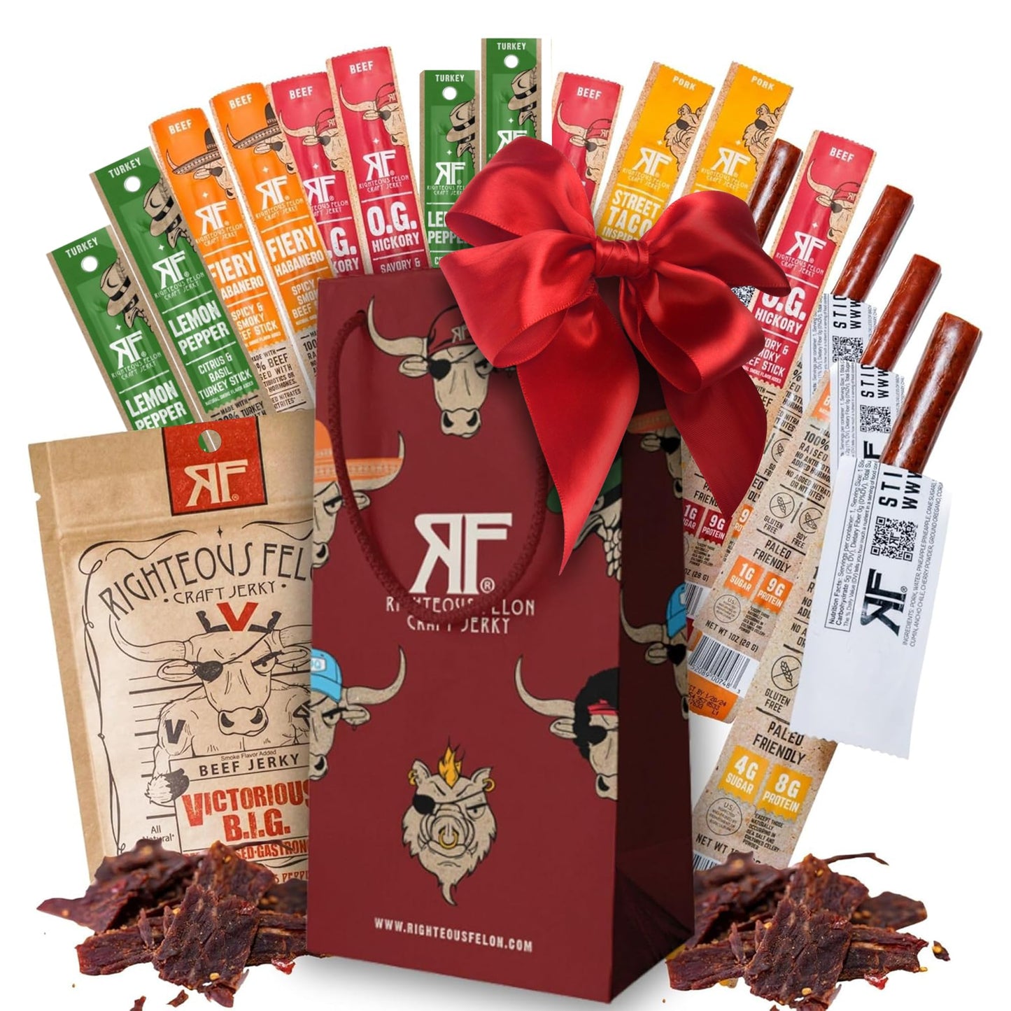 Righteous Felon Savory Beef Jerky Variety Gift Pack - Great Gifts for Men | Gluten Free, High Protein Healthy Snack | Bulk Beef, Pork, & Turkey Jerky Variety Snack Packs | The Savory 6 Pack Sampler