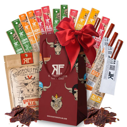Righteous Felon Savory Beef Jerky Variety Gift Pack - Great Gifts for Men | Gluten Free, High Protein Healthy Snack | Bulk Beef, Pork, & Turkey Jerky Variety Snack Packs | The Savory 6 Pack Sampler