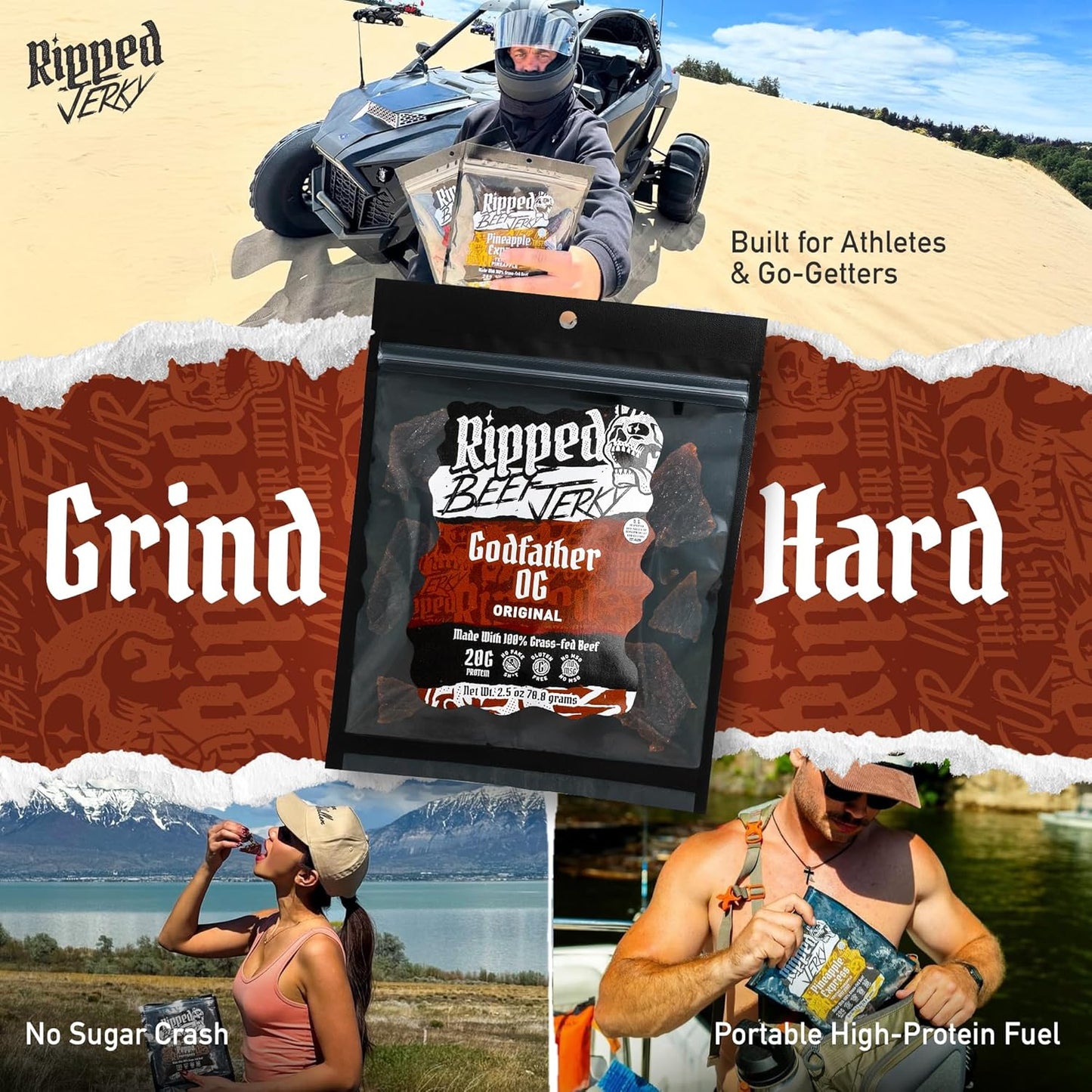 Ripped Beef Jerky - 100% Grass Fed Beef, 20g Protein, Real Ingredients, Gluten Free, No MSG, Made in USA (Pack of 3, Original)