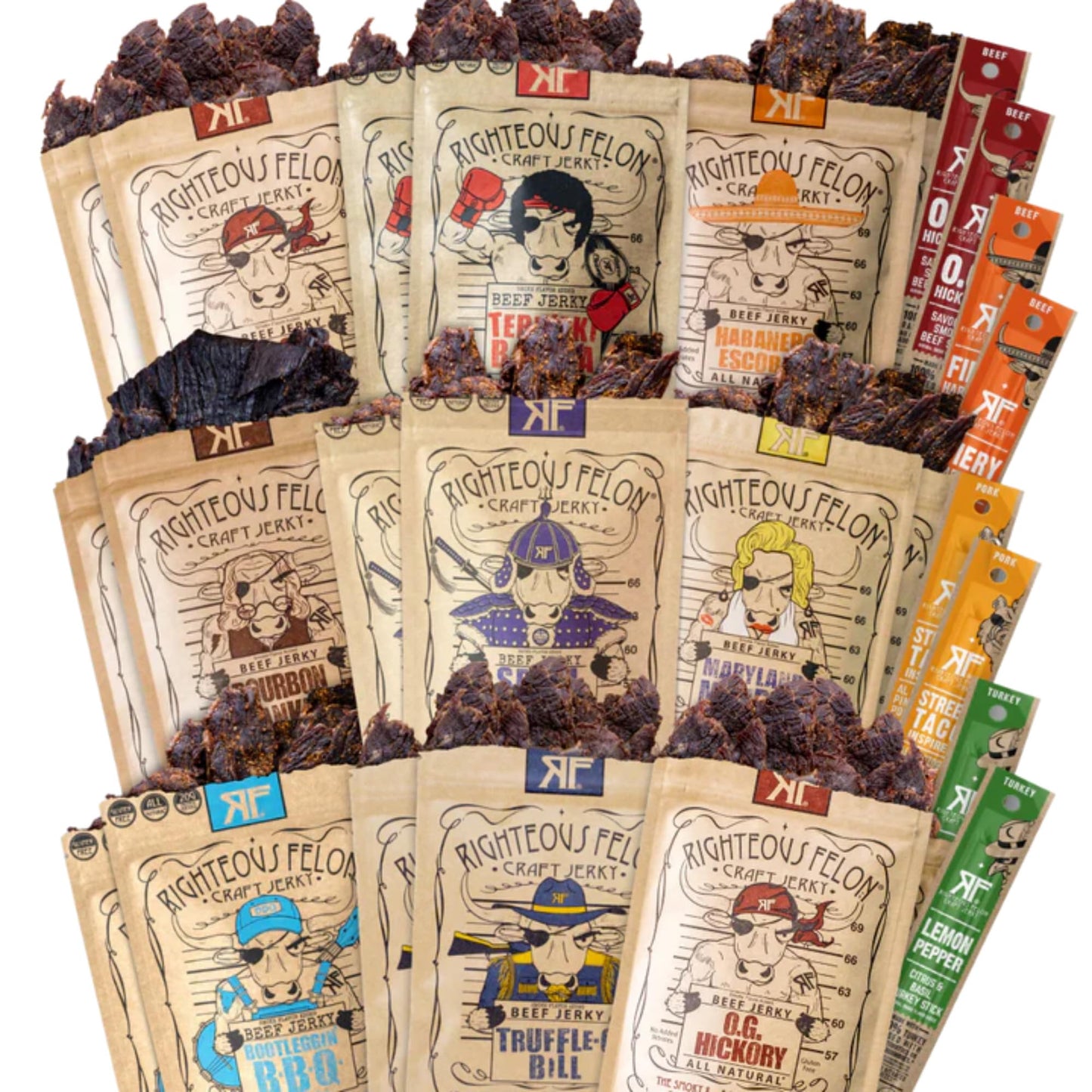 Righteous Felon Savory Beef Jerky Variety Gift Pack - Great Gifts for Men | Gluten Free, High Protein Healthy Snack | Bulk Beef, Pork, & Turkey Jerky Variety Snack Packs | The Savory 6 Pack Sampler