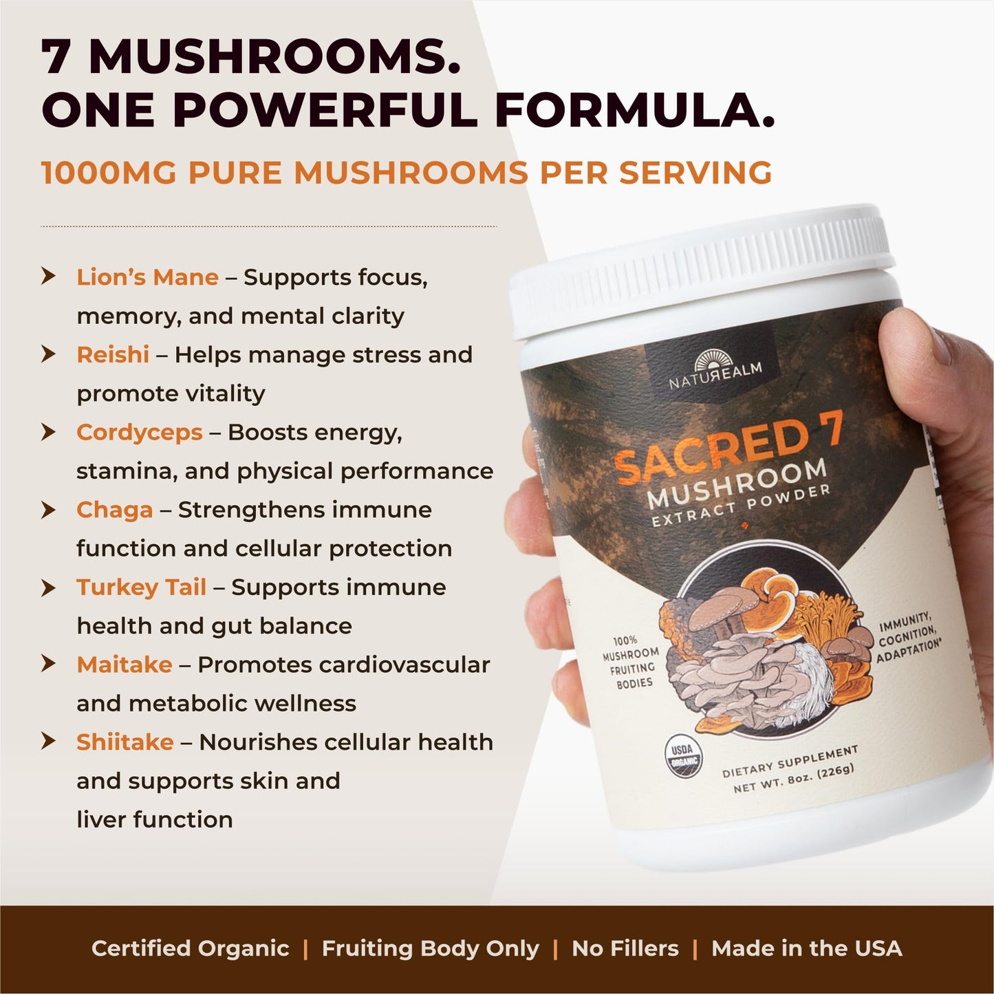 Sacred 7 Mushroom Powder Supplement, 7-in-1 Blend (60 Day Supply) | Immune Defense, Focus & Energy Support | Coffee Enhancer | Lion’s Mane, Reishi, Chaga | Organic 100% Fruiting Body Extract