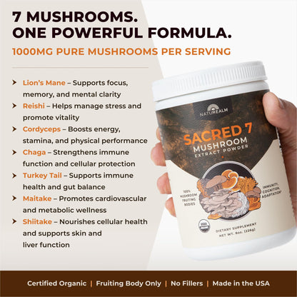 Sacred 7 Mushroom Powder Supplement, 7-in-1 Blend (60 Day Supply) | Immune Defense, Focus & Energy Support | Coffee Enhancer | Lion’s Mane, Reishi, Chaga | Organic 100% Fruiting Body Extract