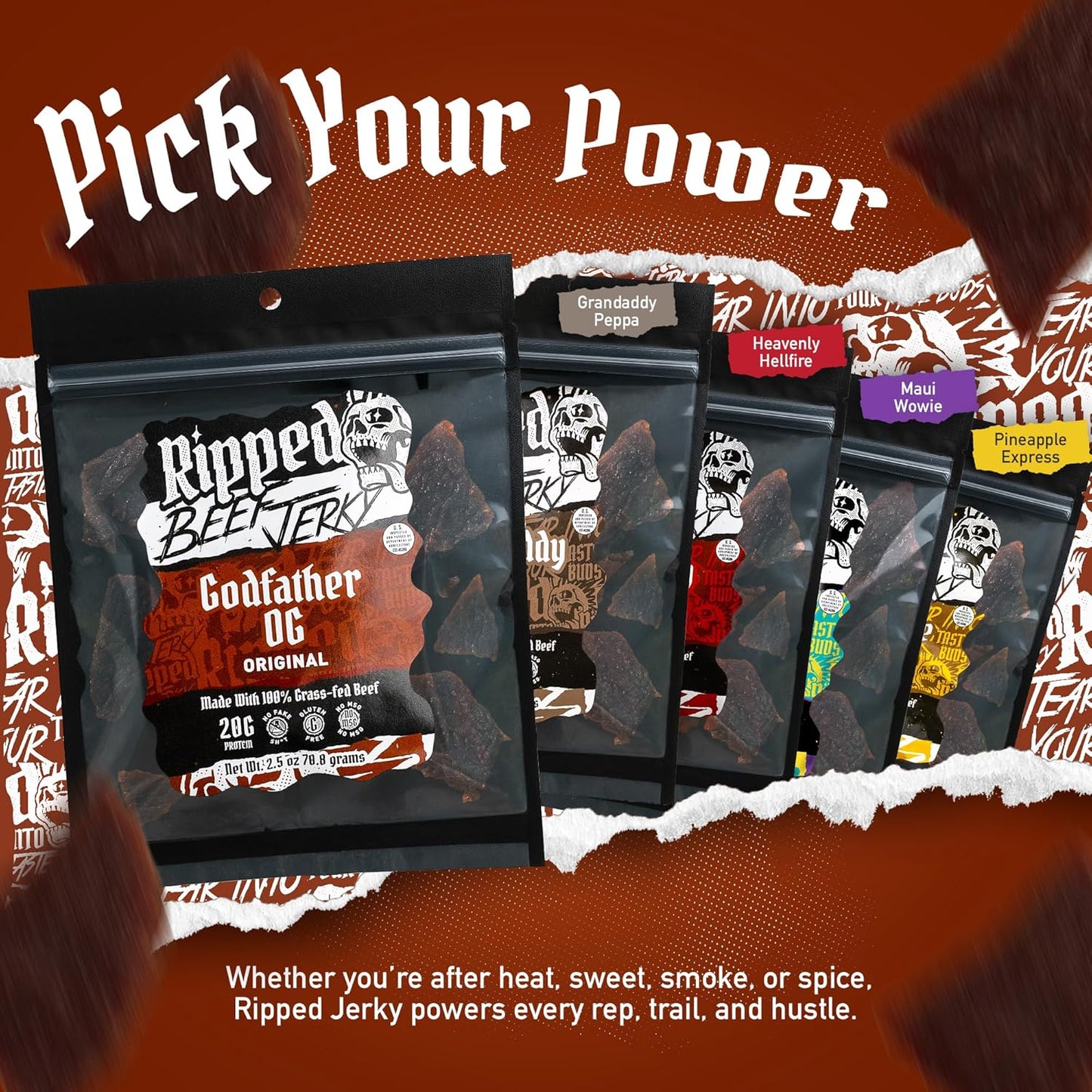 Ripped Beef Jerky - 100% Grass Fed Beef, 20g Protein, Real Ingredients, Gluten Free, No MSG, Made in USA (Pack of 3, Original)