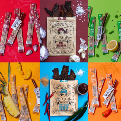Righteous Felon Savory Beef Jerky Variety Gift Pack - Great Gifts for Men | Gluten Free, High Protein Healthy Snack | Bulk Beef, Pork, & Turkey Jerky Variety Snack Packs | The Savory 6 Pack Sampler