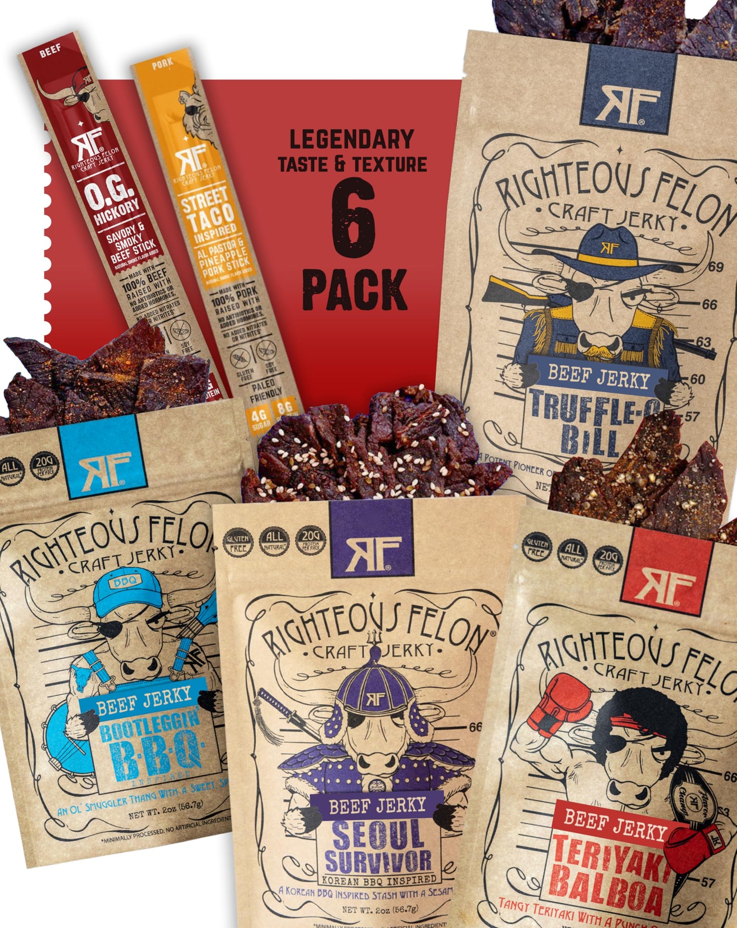 Righteous Felon Savory Beef Jerky Variety Gift Pack - Great Gifts for Men | Gluten Free, High Protein Healthy Snack | Bulk Beef, Pork, & Turkey Jerky Variety Snack Packs | The Savory 6 Pack Sampler