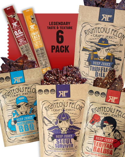 Righteous Felon Savory Beef Jerky Variety Gift Pack - Great Gifts for Men | Gluten Free, High Protein Healthy Snack | Bulk Beef, Pork, & Turkey Jerky Variety Snack Packs | The Savory 6 Pack Sampler
