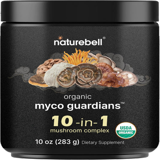 NatureBell Organic Mushroom Powder, 10oz | 10-in-1 Adaptogenic Blend with Lion’s Mane, Reishi, Shiitake, Chaga & More | Great for Coffee, Smoothies & Recipes